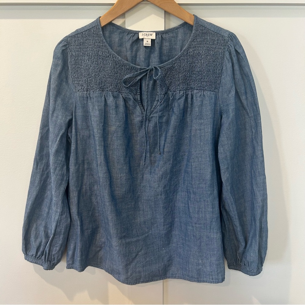 J. Crew Women's Blouse Chambray Denim Smocked Peasant Re-Imagined Romantic Small